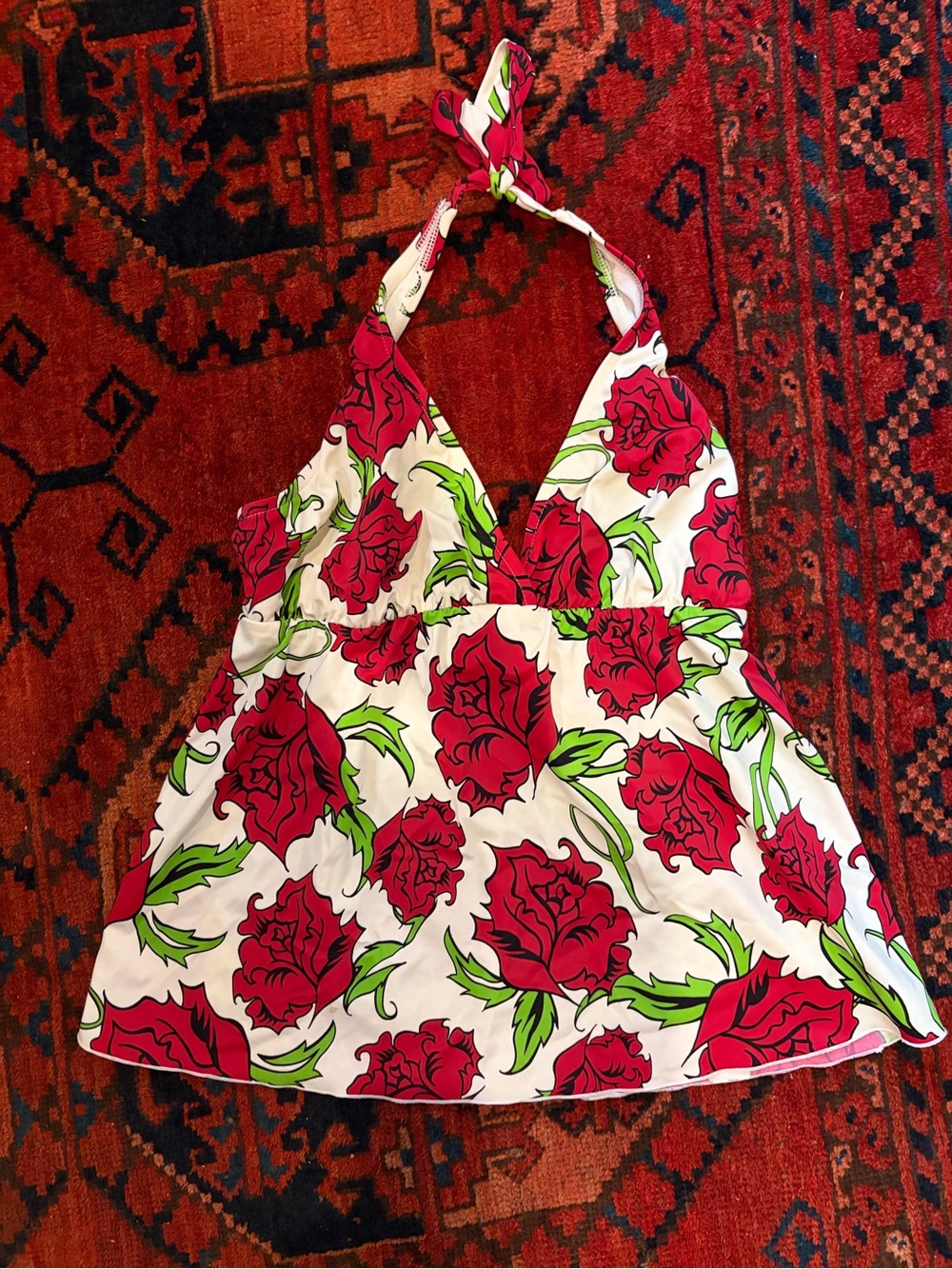 Prego Women's Red Rose Halter Swim Top with Green Leaves on White